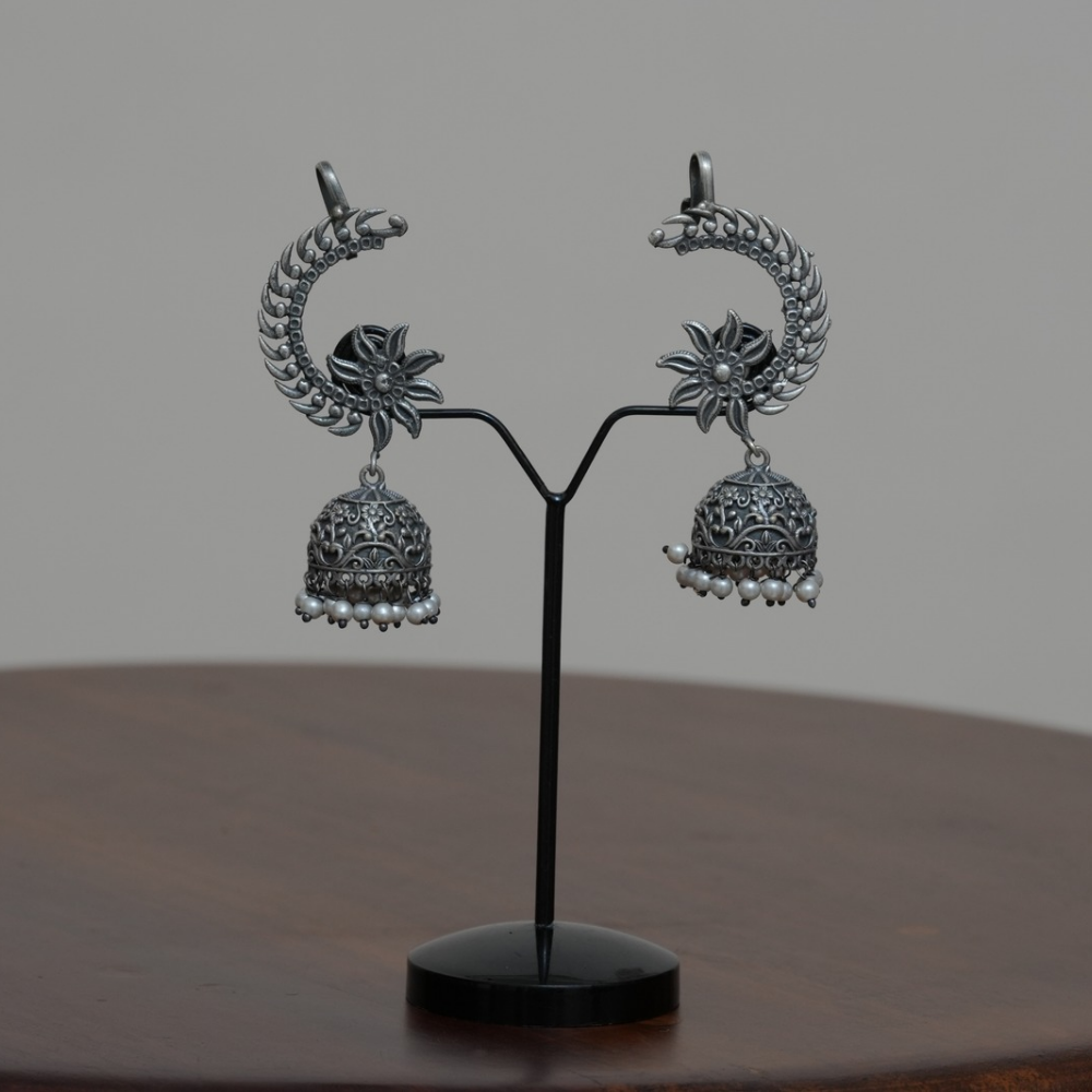 Floral Cuff Jhumkas — Oxidised Earrings - Image 2