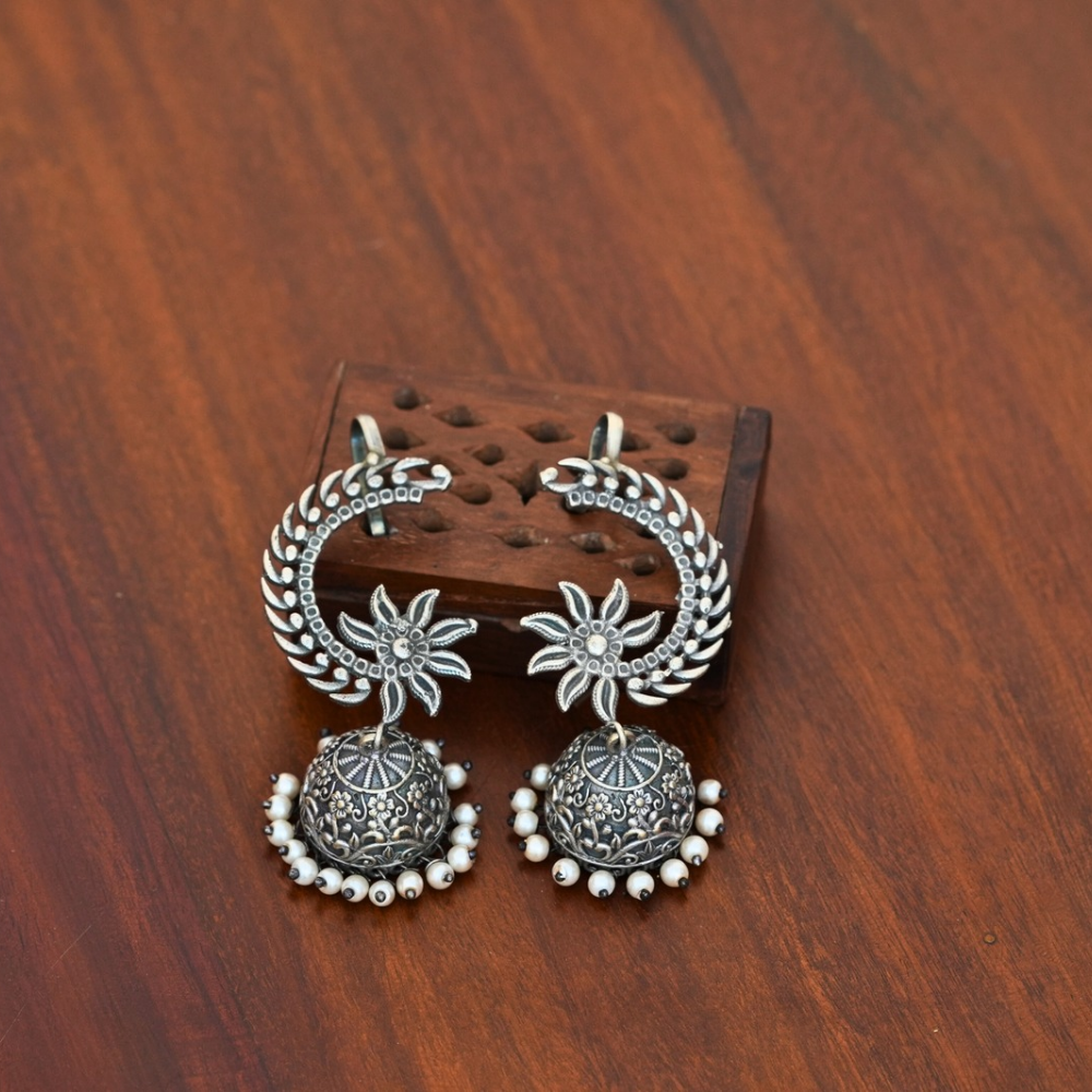 Floral Cuff Jhumkas — Oxidised Earrings