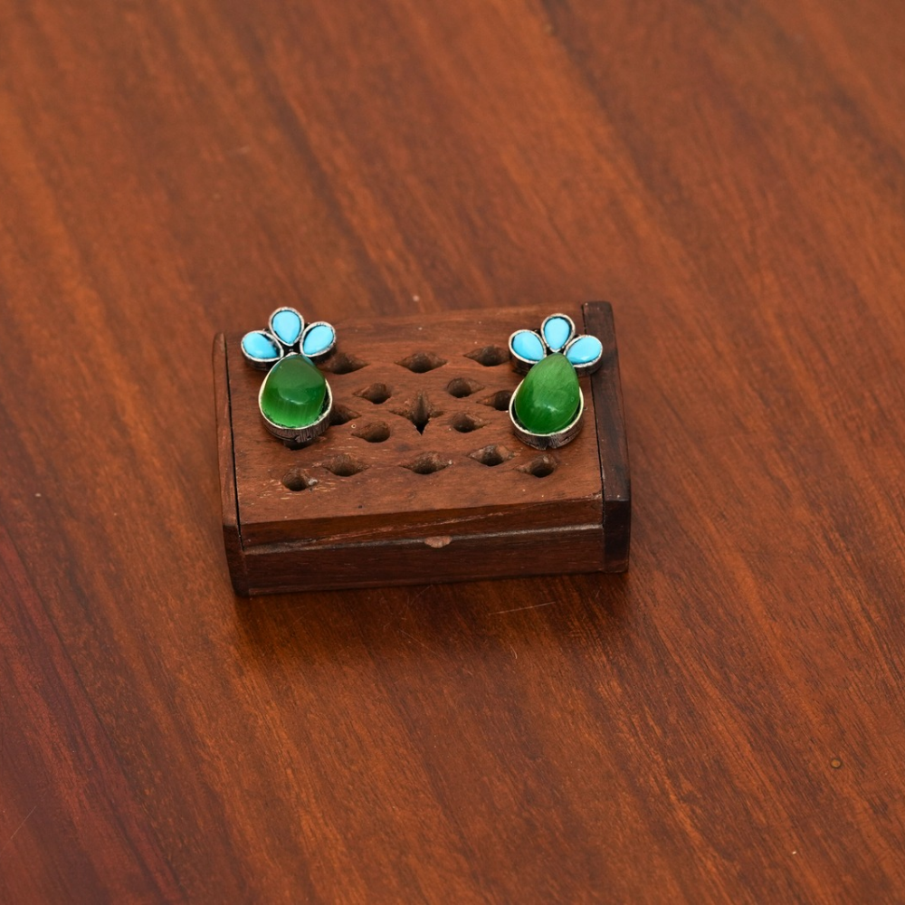 Aqua Bloom Studs — Oxidised Floral Earrings