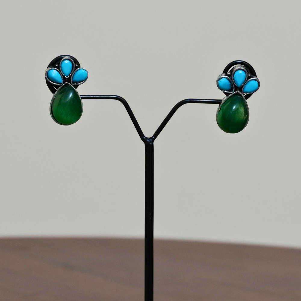 Aqua Bloom Studs — Oxidised Floral Earrings - Image 2