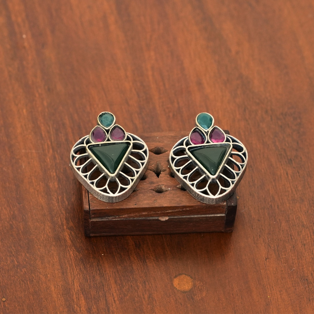 Mystic Tri-Glow Studs — Oxidised Geometric Earrings