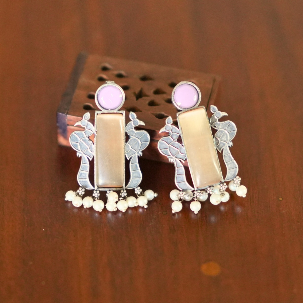 Pastel Peacock Bar Danglers — Oxidised Fusion Earrings