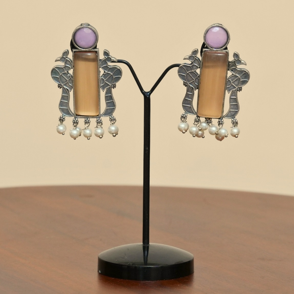 Pastel Peacock Bar Danglers — Oxidised Fusion Earrings - Image 2