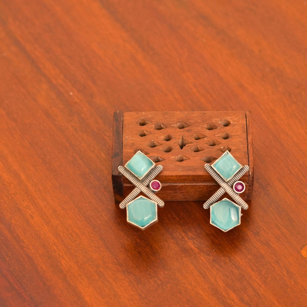 Azure Hexa Studs — Oxidised Geometric Earrings
