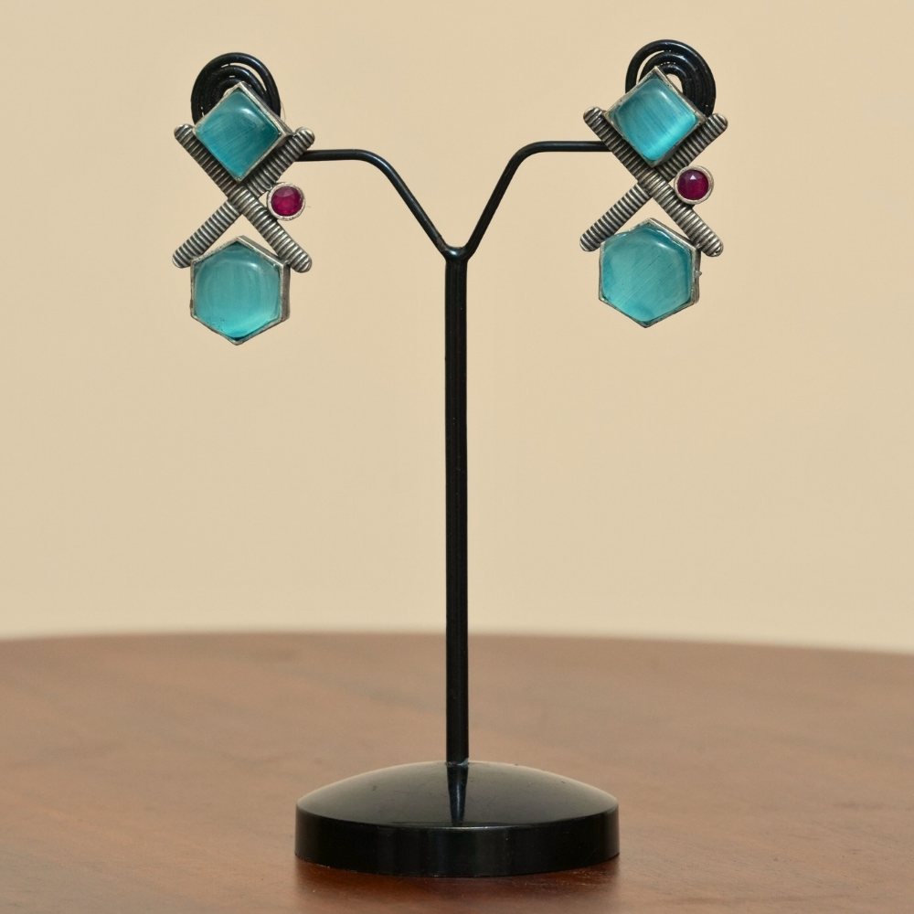 Azure Hexa Studs — Oxidised Geometric Earrings - Image 2