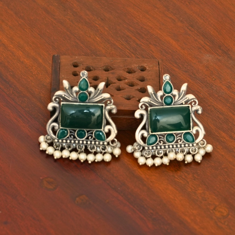 Regal Emerald Frame Studs — Oxidised Temple Earrings