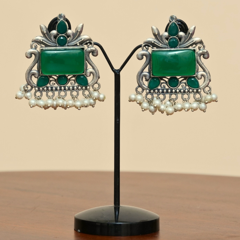 Regal Emerald Frame Studs — Oxidised Temple Earrings - Image 2