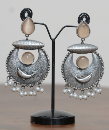 Dolphin Moon Pearl Chandeliers — Oxidised Silver Statement Earrings