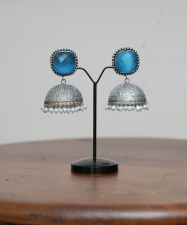 Azure Dome Jhumkas — Oxidised Silver Statement Earrings
