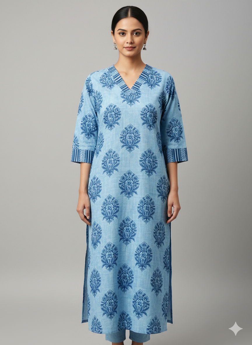 Sky Blue Printed Kurti Top