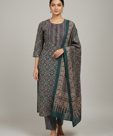 Bottle Green Ajrak Printed Kurti Full Set with Dupatta