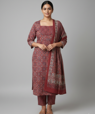 Maroon Printed Kurti Full Set with Dupatta