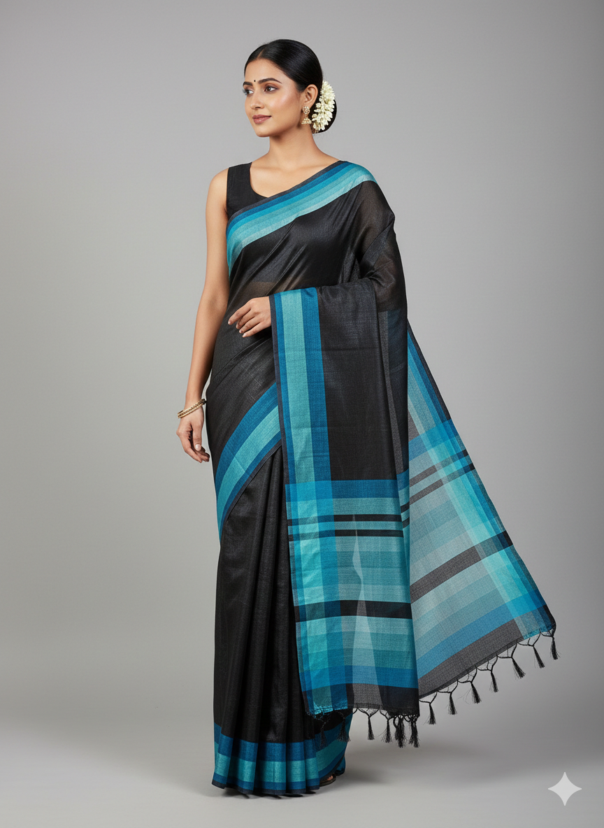 Midnight Black & Aqua Striped Tussar Silk Saree