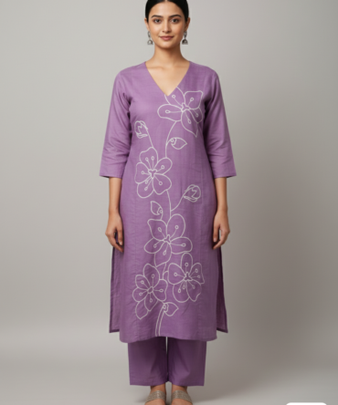 Lavender Floral Embroidered Kurti Set