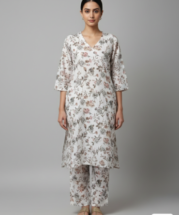 Off-White Floral Printed Kurti Full Set