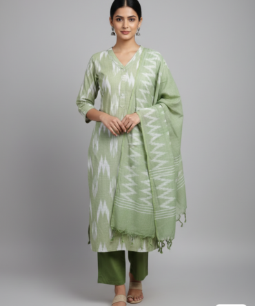 Pastel Green Ikat Kurti Full Set with Dupatta