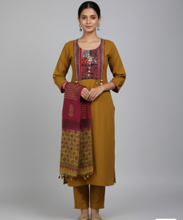 Mustard Printed Kurti Full Set with Dupatta