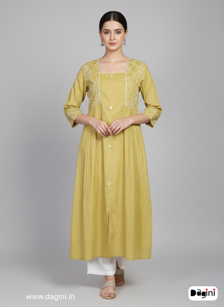 Pastel Mustard Thread Work Kurti Top