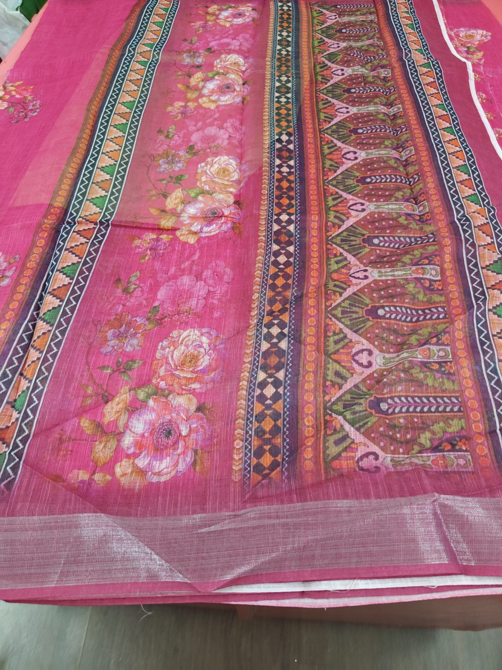 Vibrant Magenta Pink Floral Mini Supernet Cotton Saree - Image 4