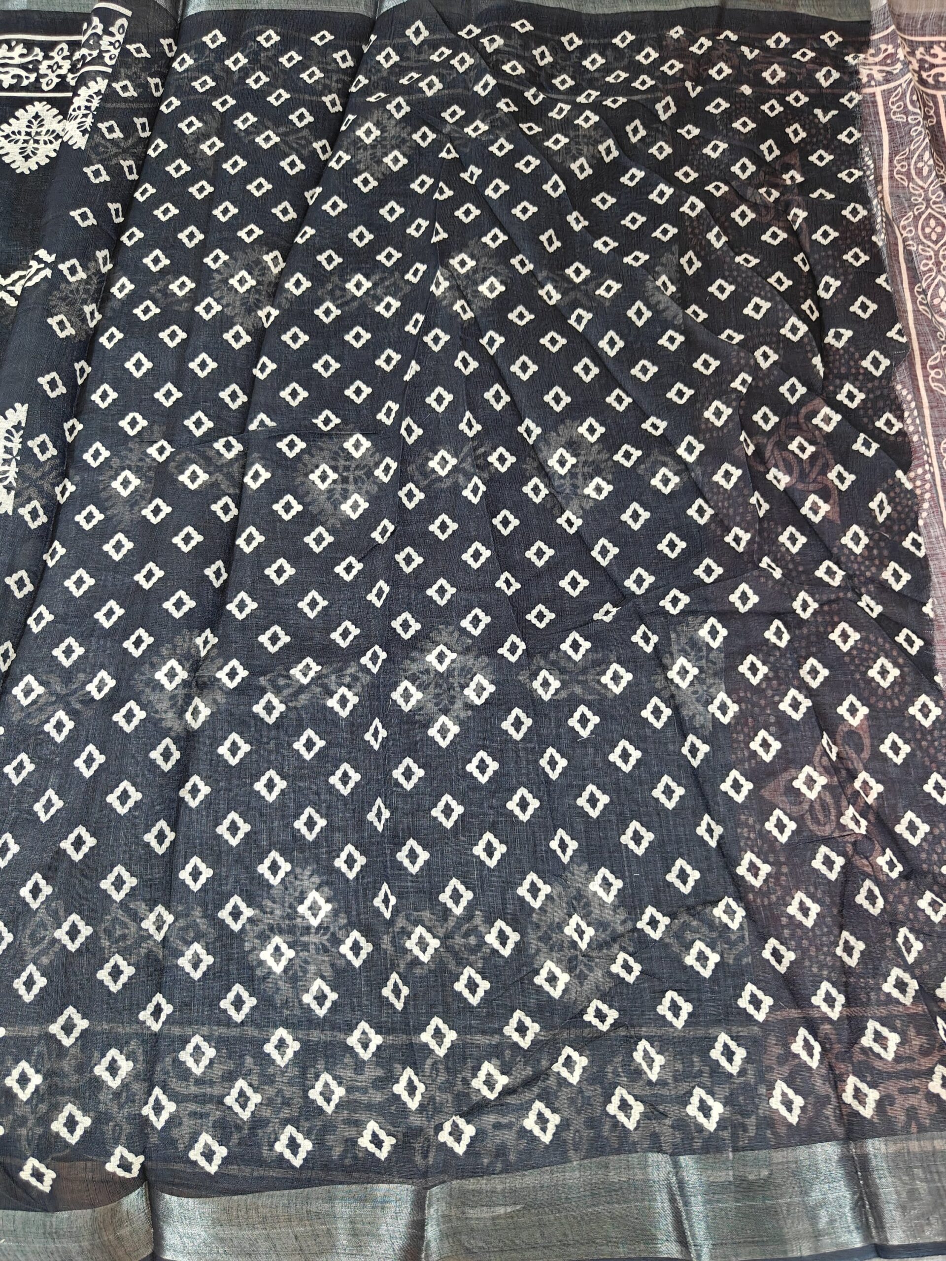 Deep Black Traditional White Block Print Cotton Saree - Image 5