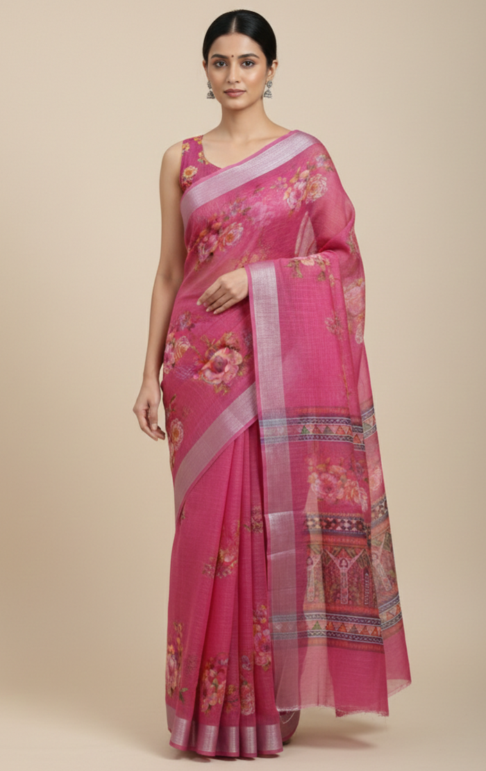Vibrant Magenta Pink Floral Mini Supernet Cotton Saree