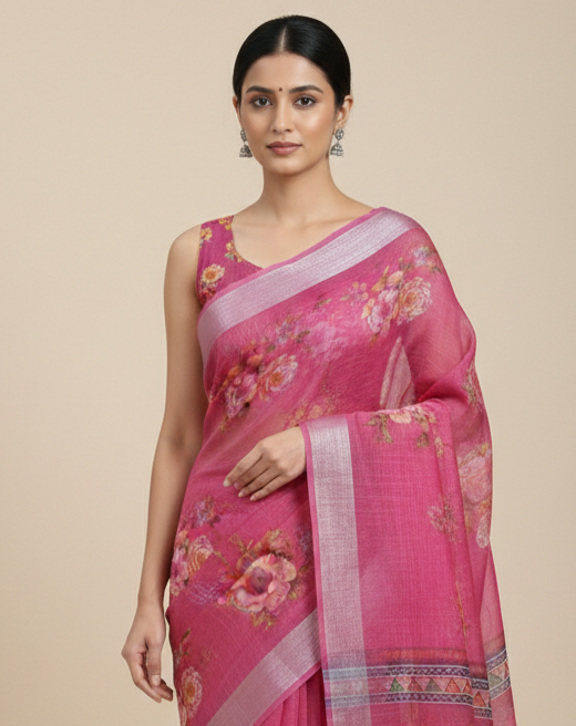 Vibrant Magenta Pink Floral Mini Supernet Cotton Saree - Image 3