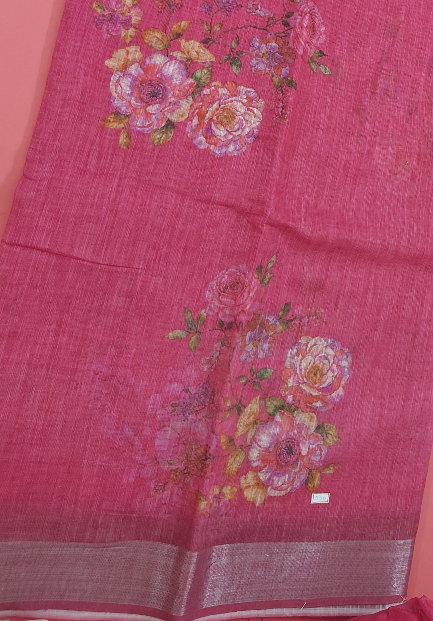 Vibrant Magenta Pink Floral Mini Supernet Cotton Saree - Image 2
