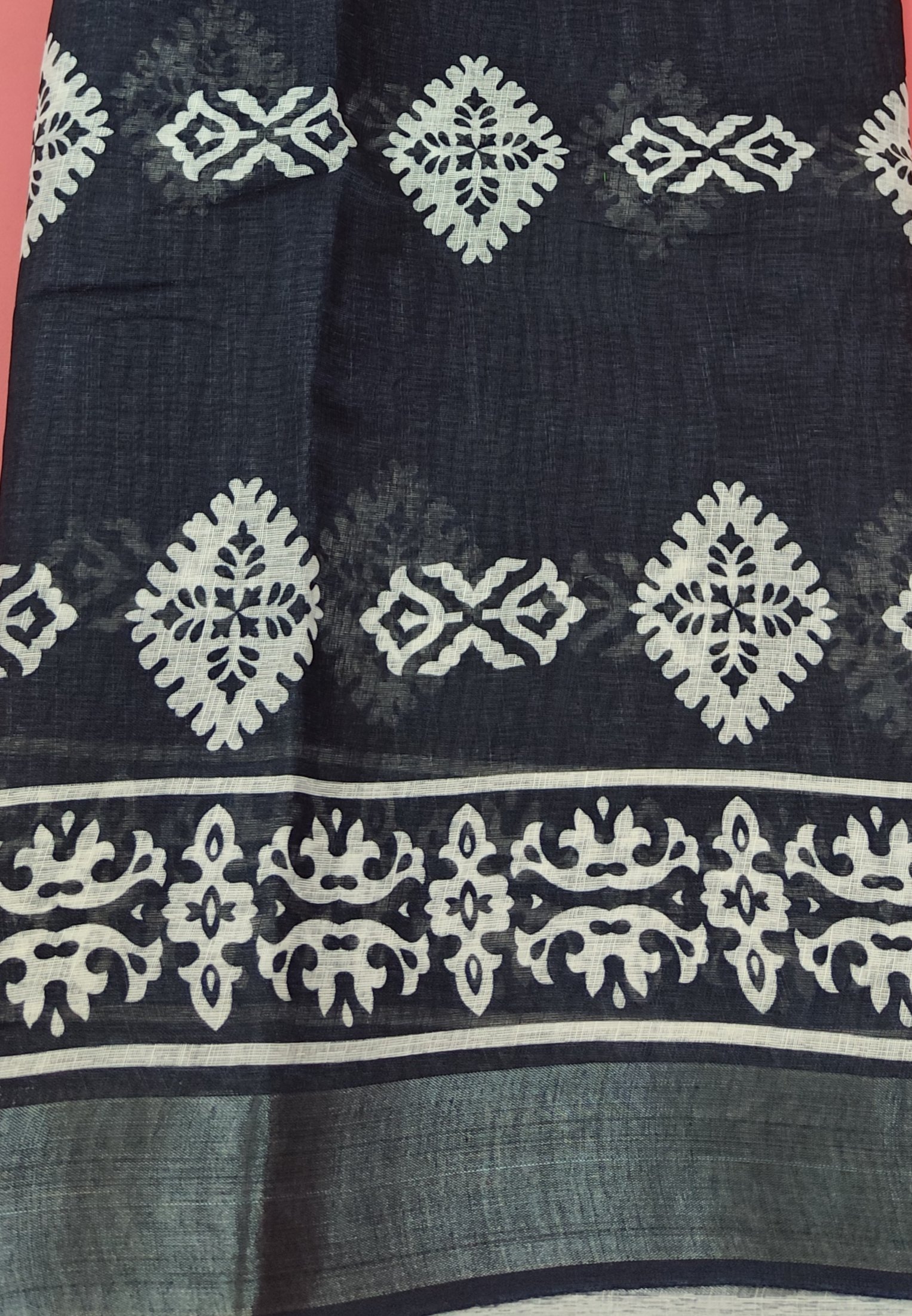Deep Black Traditional White Block Print Cotton Saree - Image 2