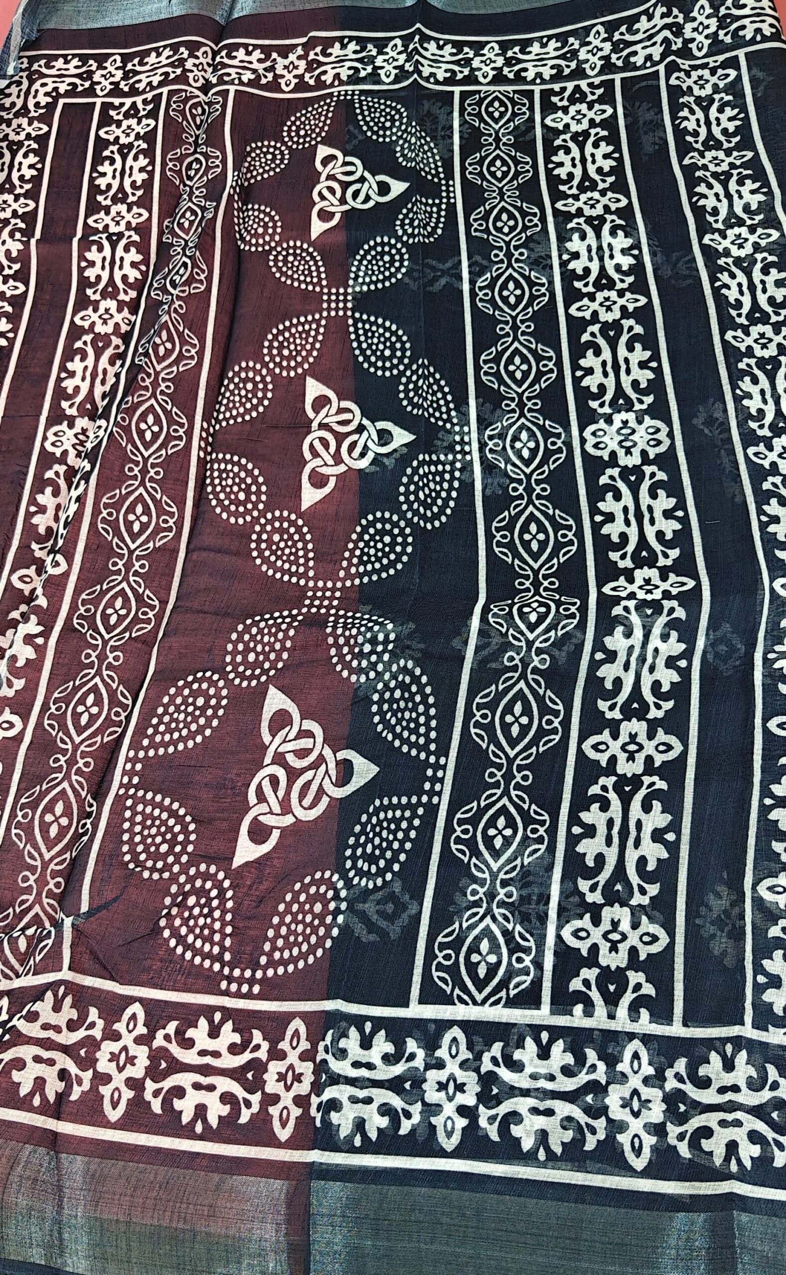 Deep Black Traditional White Block Print Cotton Saree - Image 4