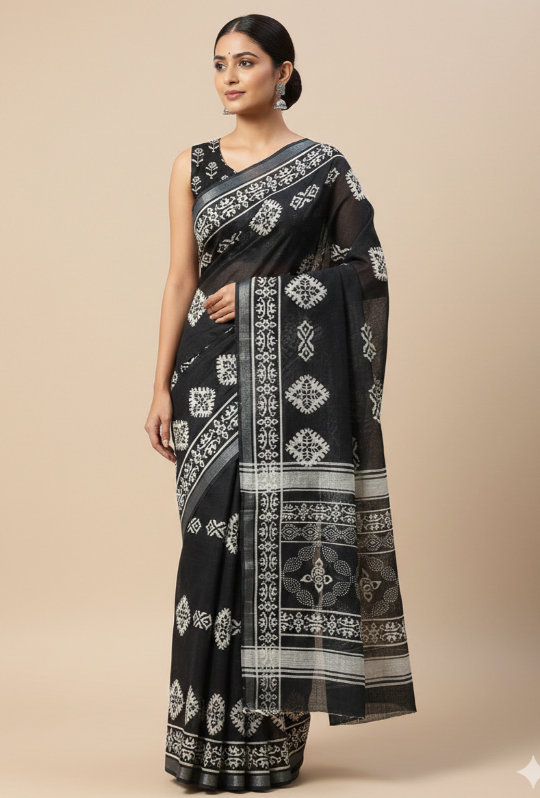 Deep Black Traditional White Block Print Cotton Saree