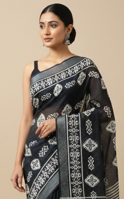 Deep Black Traditional White Block Print Cotton Saree - Image 3