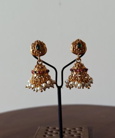 Emerald Rani Pink Temple Pearl Jhumka Earrings — Festive Heritage Jewelry