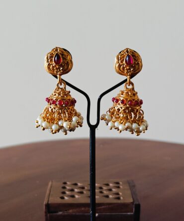 Rani Pink Temple Pearl Jhumka Earrings — Festive Heritage Jewelry