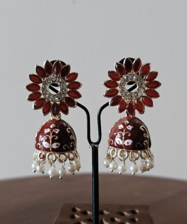 Maroon Meenakari Pearl Jhumka Earrings — Floral Festive Elegance