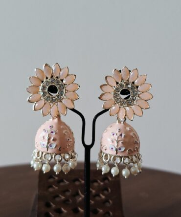 Blush Pink Meenakari Pearl Jhumka Earrings — Floral Festive Elegance