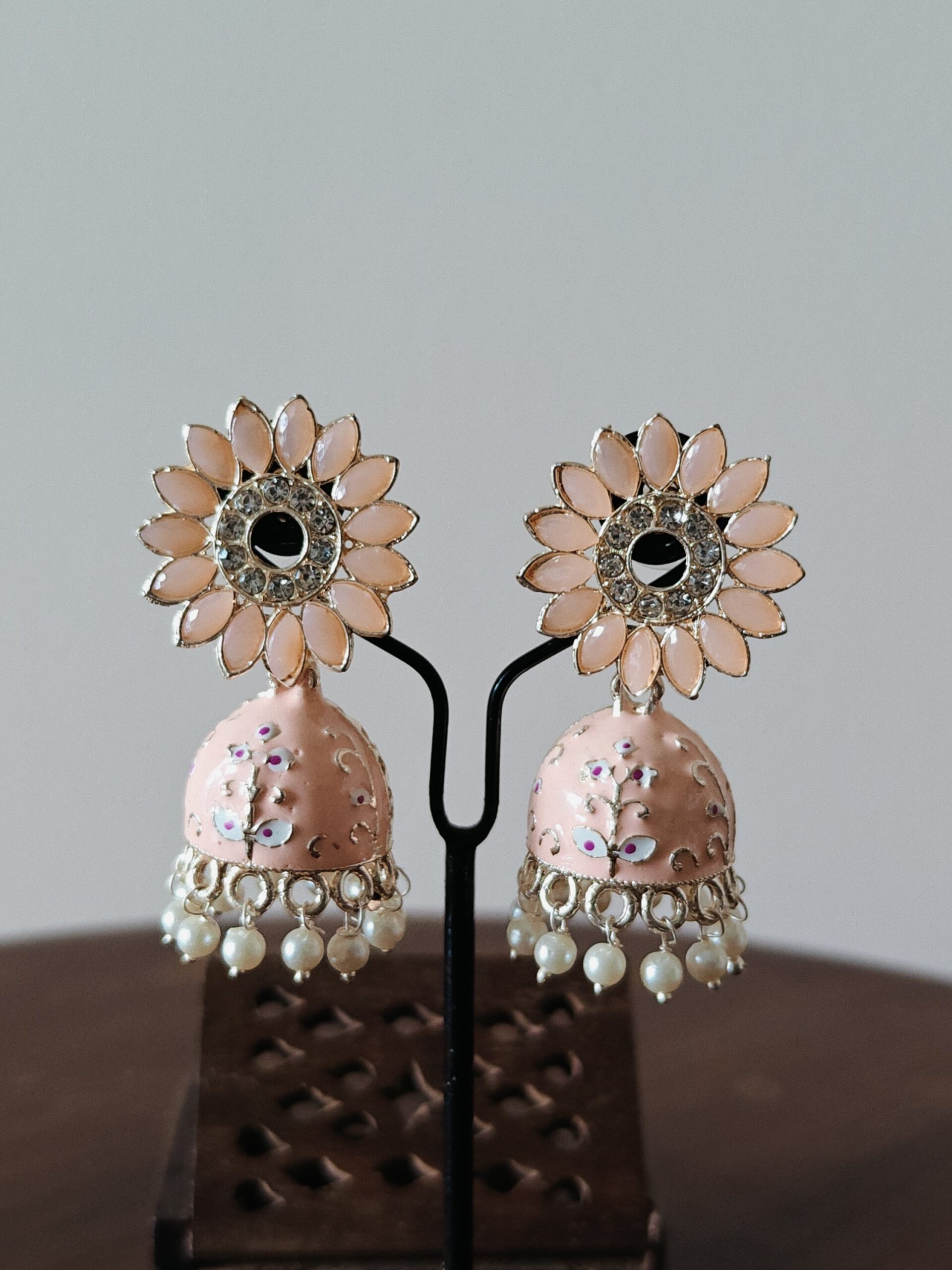 Blush Pink Meenakari Pearl Jhumka Earrings — Floral Festive Elegance