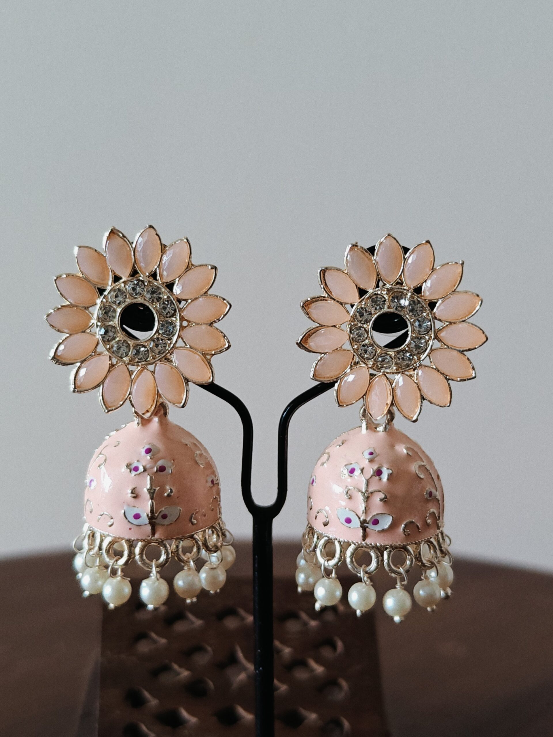 Blush Pink Meenakari Pearl Jhumka Earrings — Floral Festive Elegance - Image 2