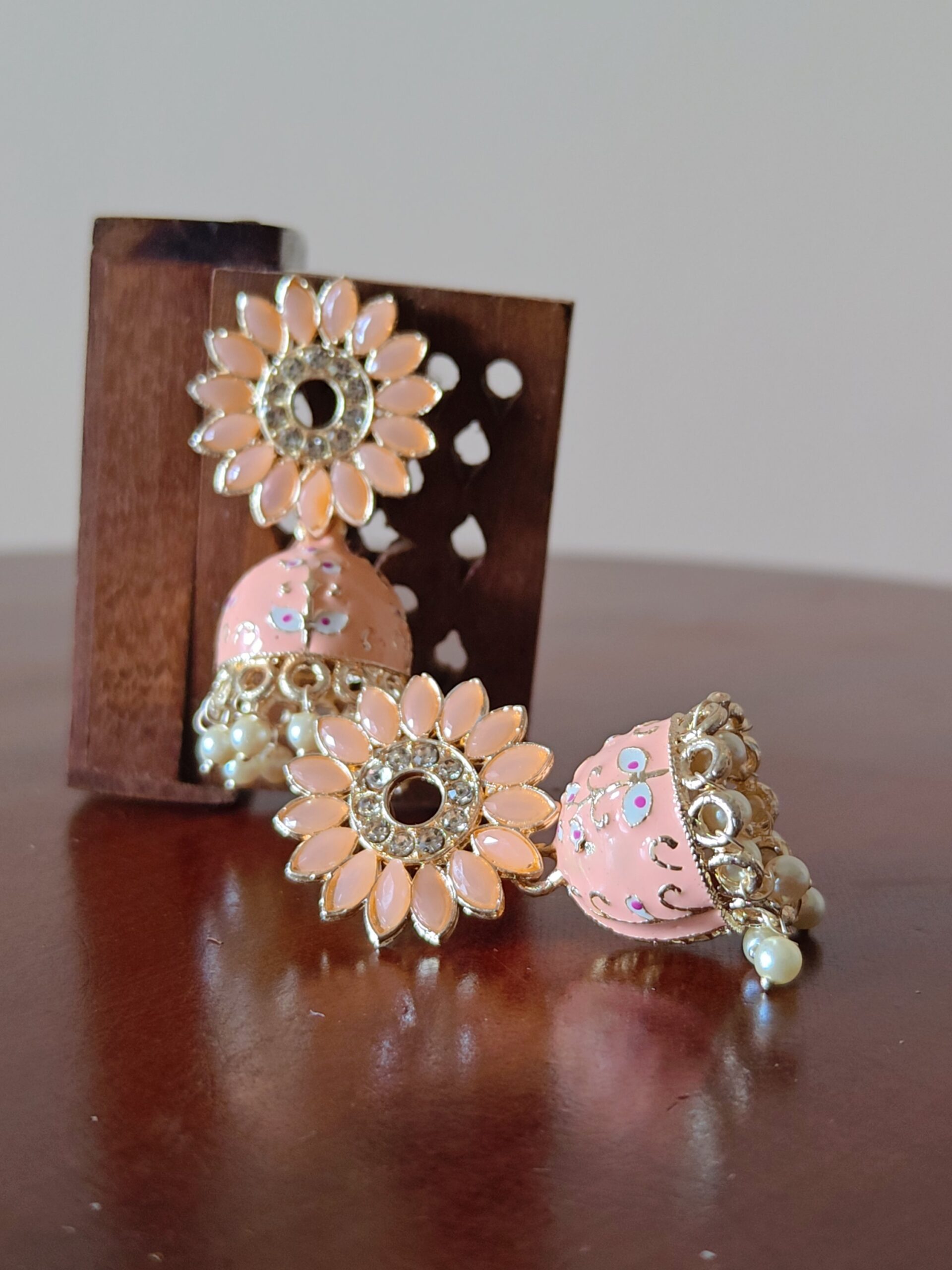 Blush Pink Meenakari Pearl Jhumka Earrings — Floral Festive Elegance - Image 3
