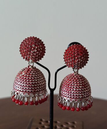 Crimson Floral Textured Jhumka Earrings — Bold Festive Jewelry