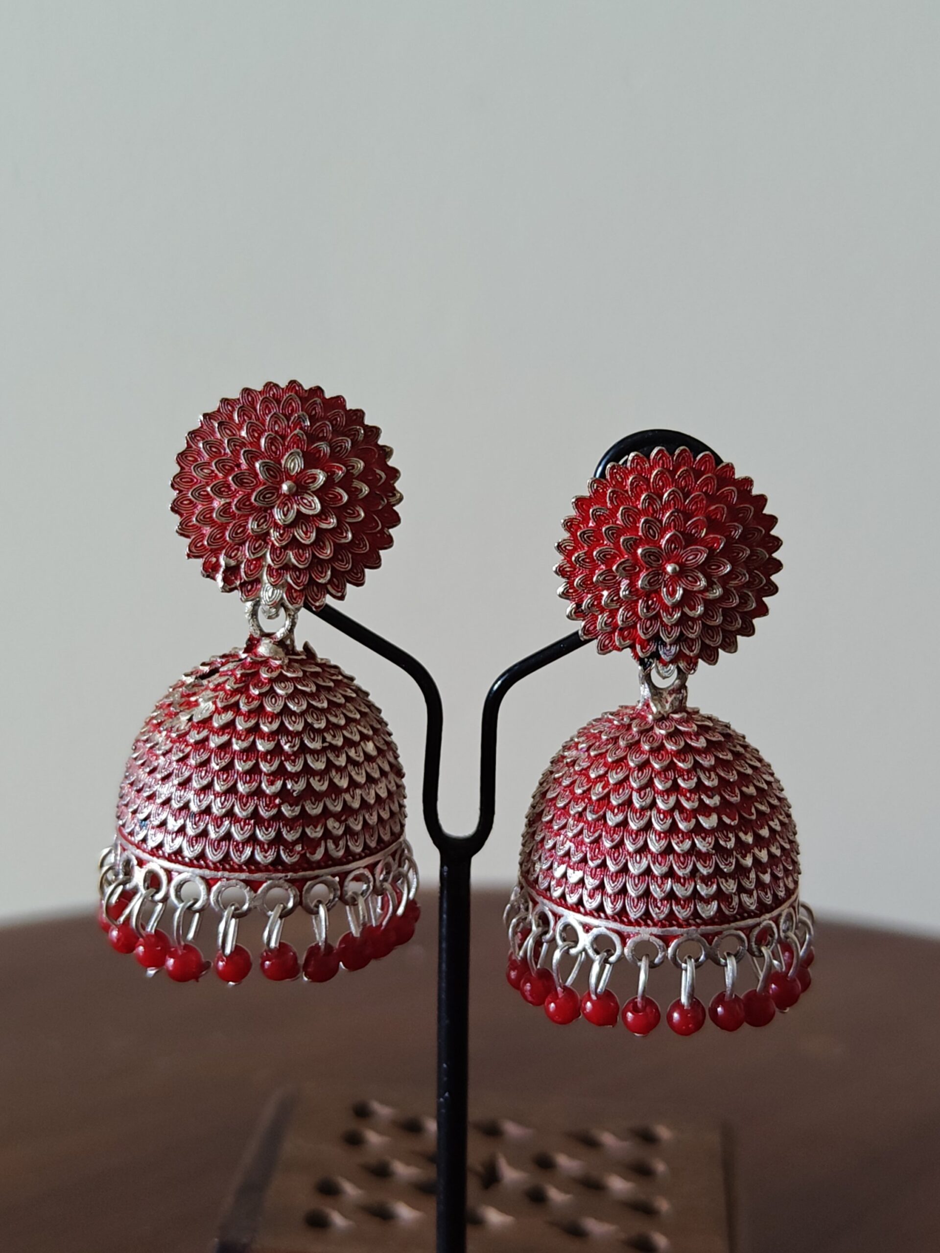 Crimson Floral Textured Jhumka Earrings — Bold Festive Jewelry