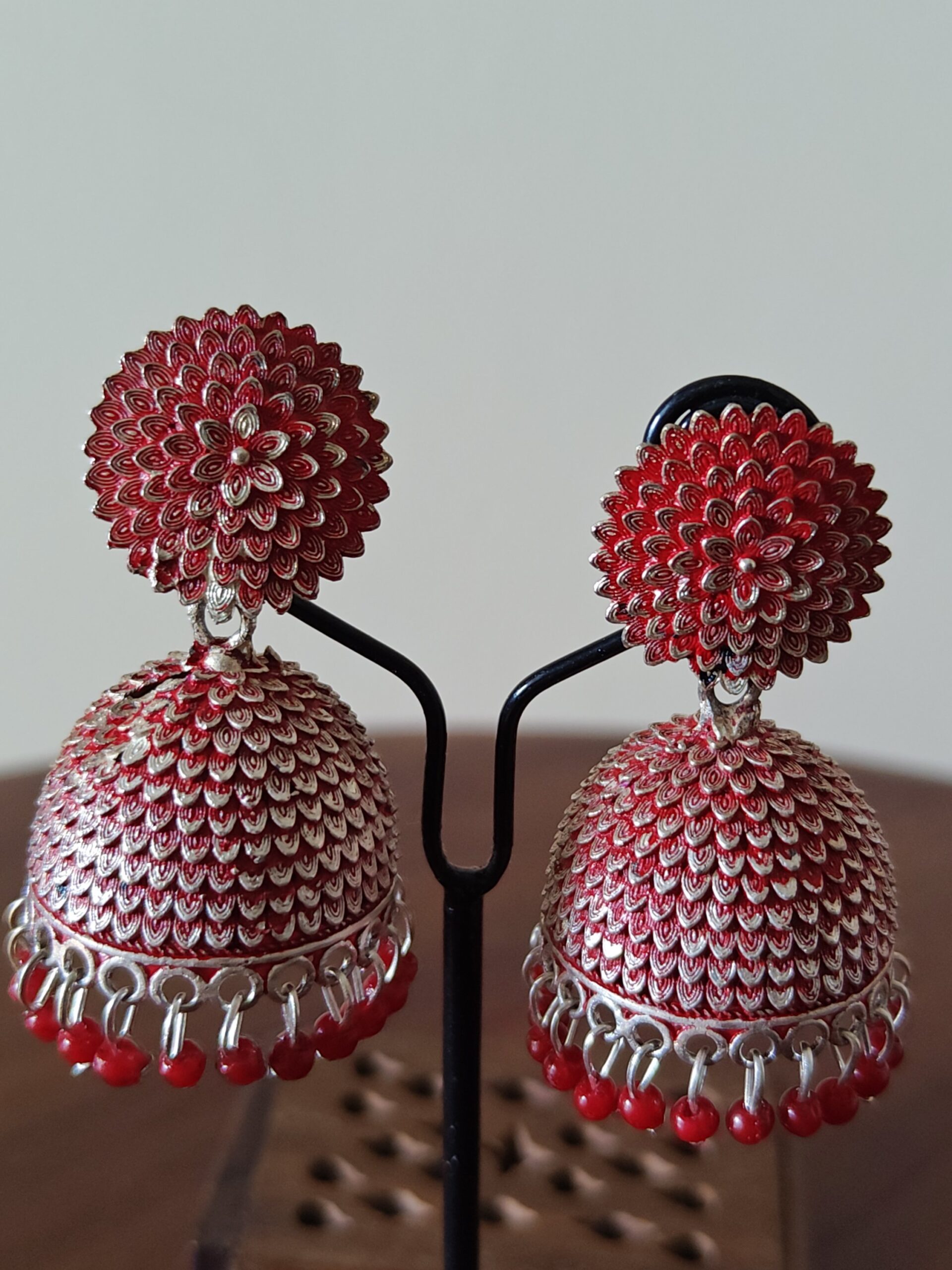 Crimson Floral Textured Jhumka Earrings — Bold Festive Jewelry - Image 2