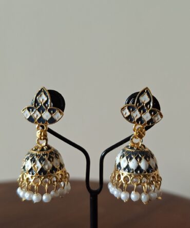 Indigo Lotus Enamel Pearl Jhumka Earrings — Festive Heritage Jewelry