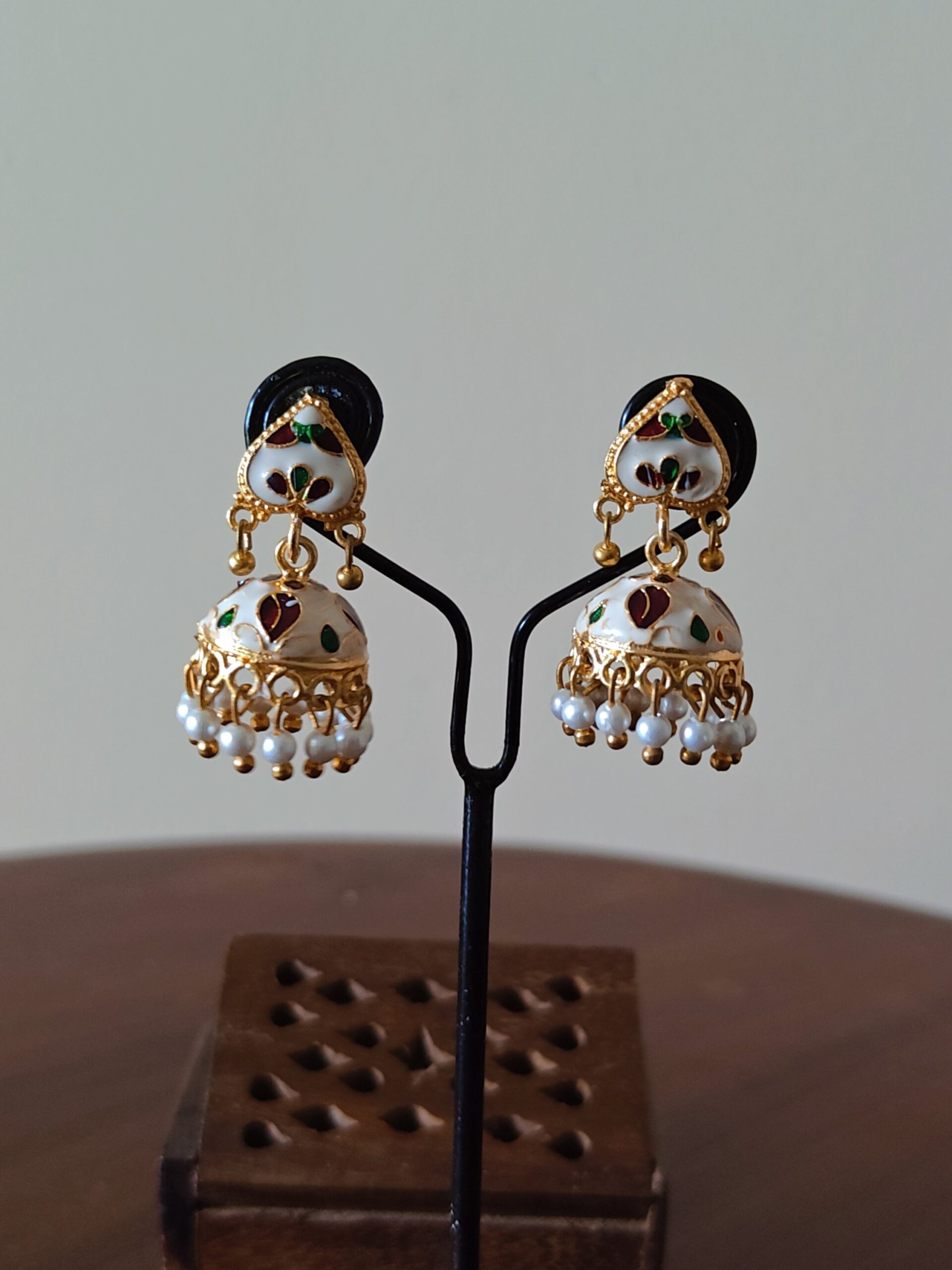 Ivory Meenakari Pearl Jhumka Earrings — Classic Festive Elegance