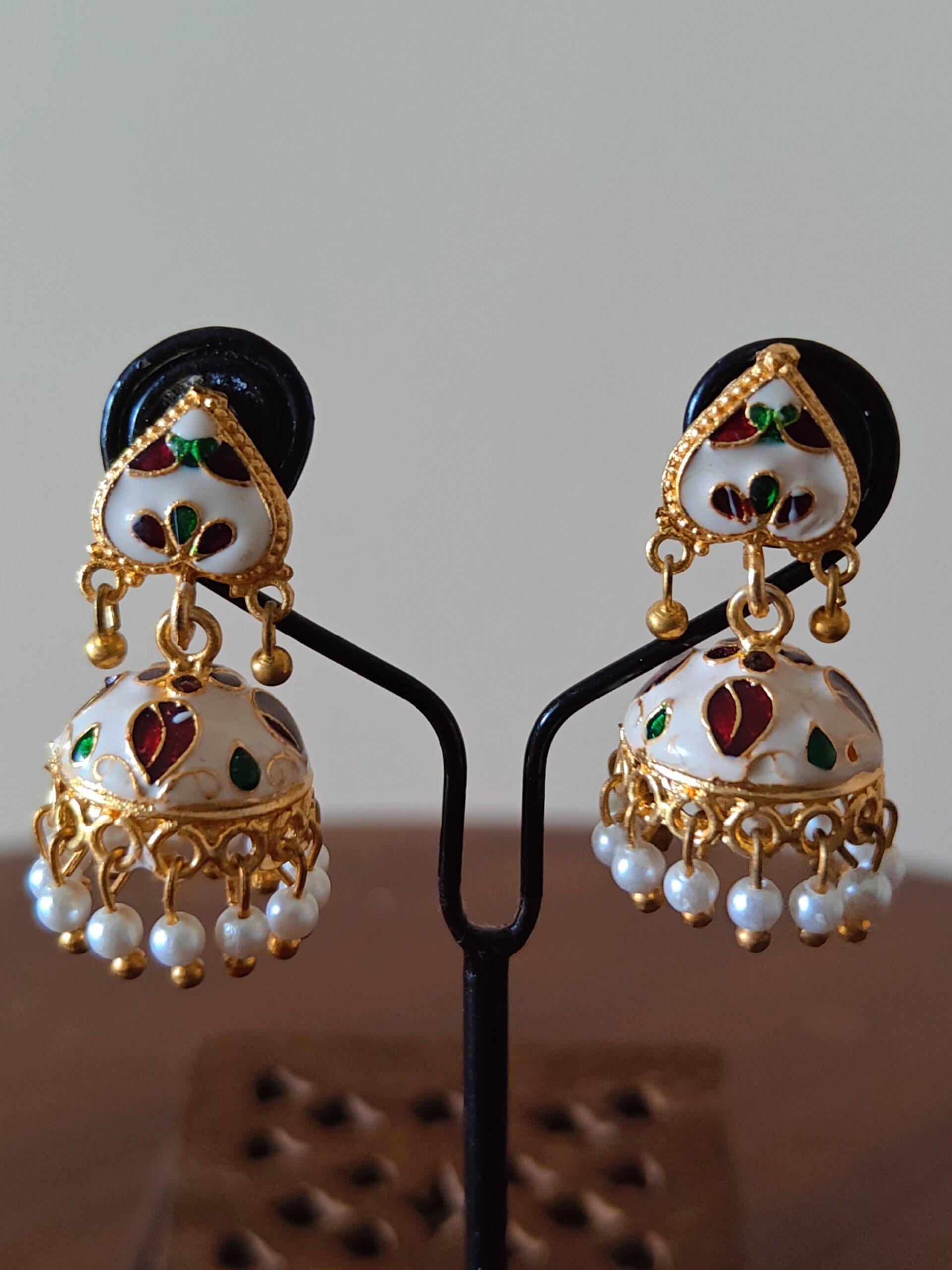 Ivory Meenakari Pearl Jhumka Earrings — Classic Festive Elegance - Image 2