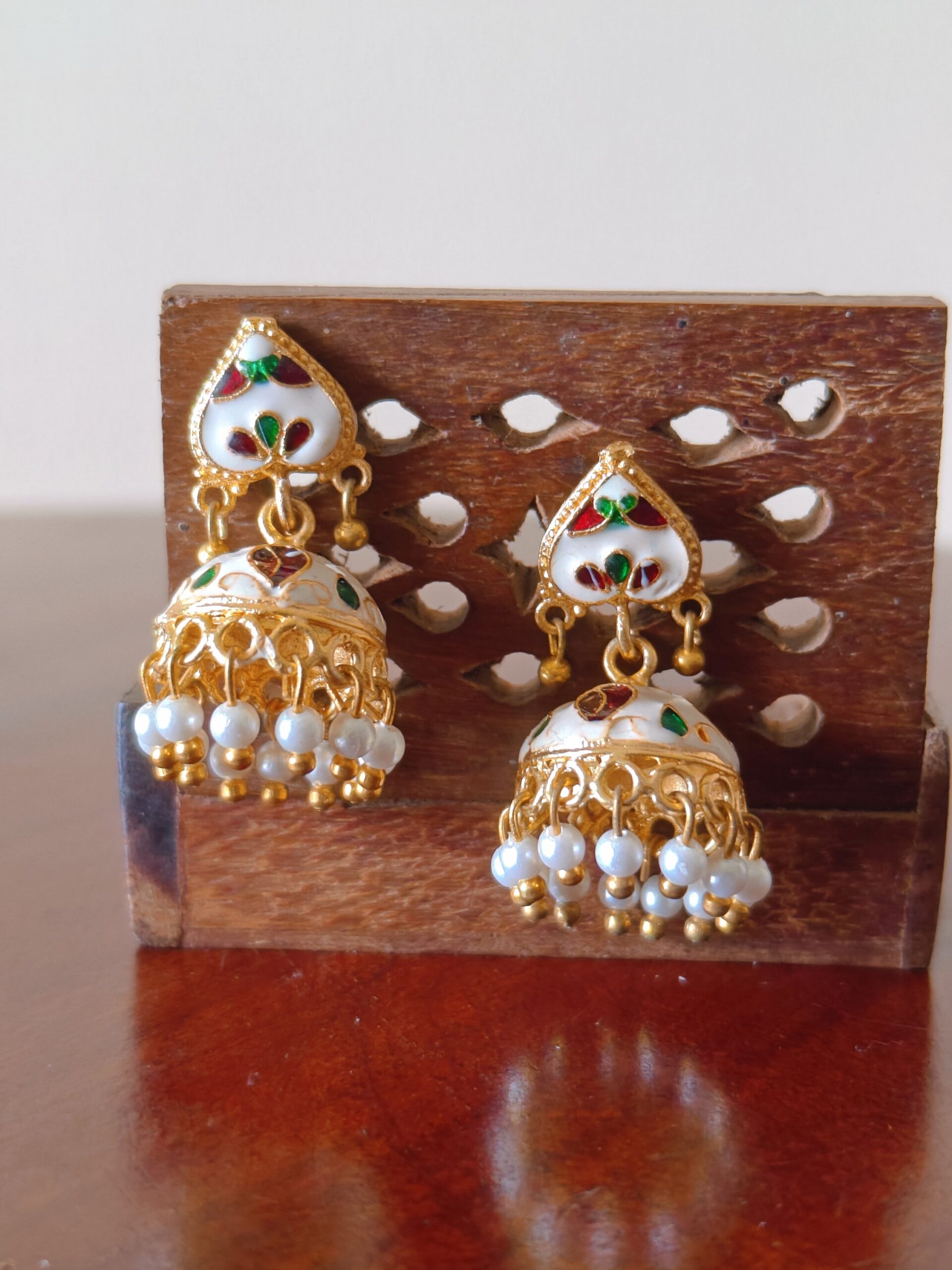 Ivory Meenakari Pearl Jhumka Earrings — Classic Festive Elegance - Image 3