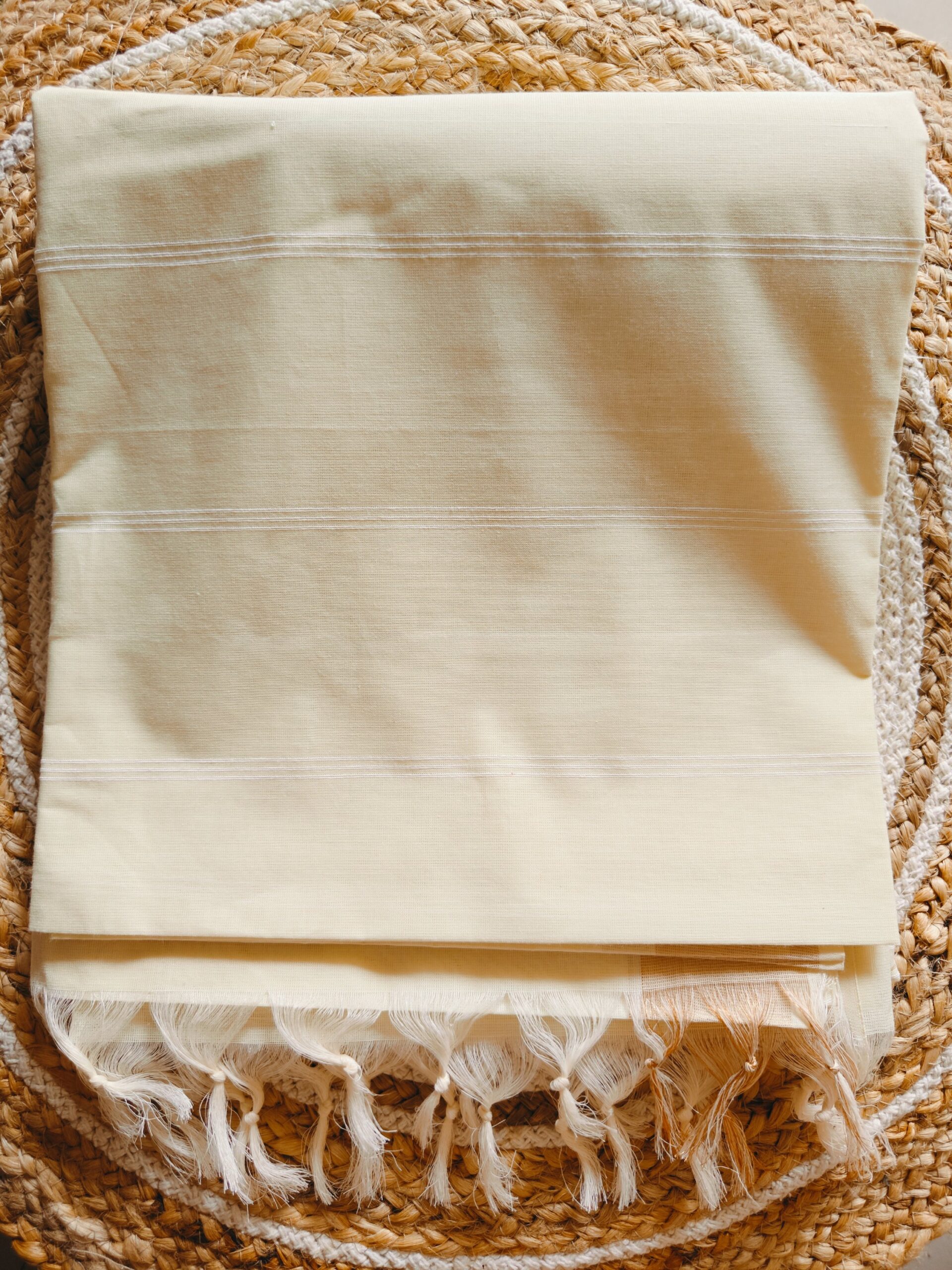 Lemon Pastel Golden Stripe Kerala Cotton Saree — Subtle Festive Elegance - Image 3