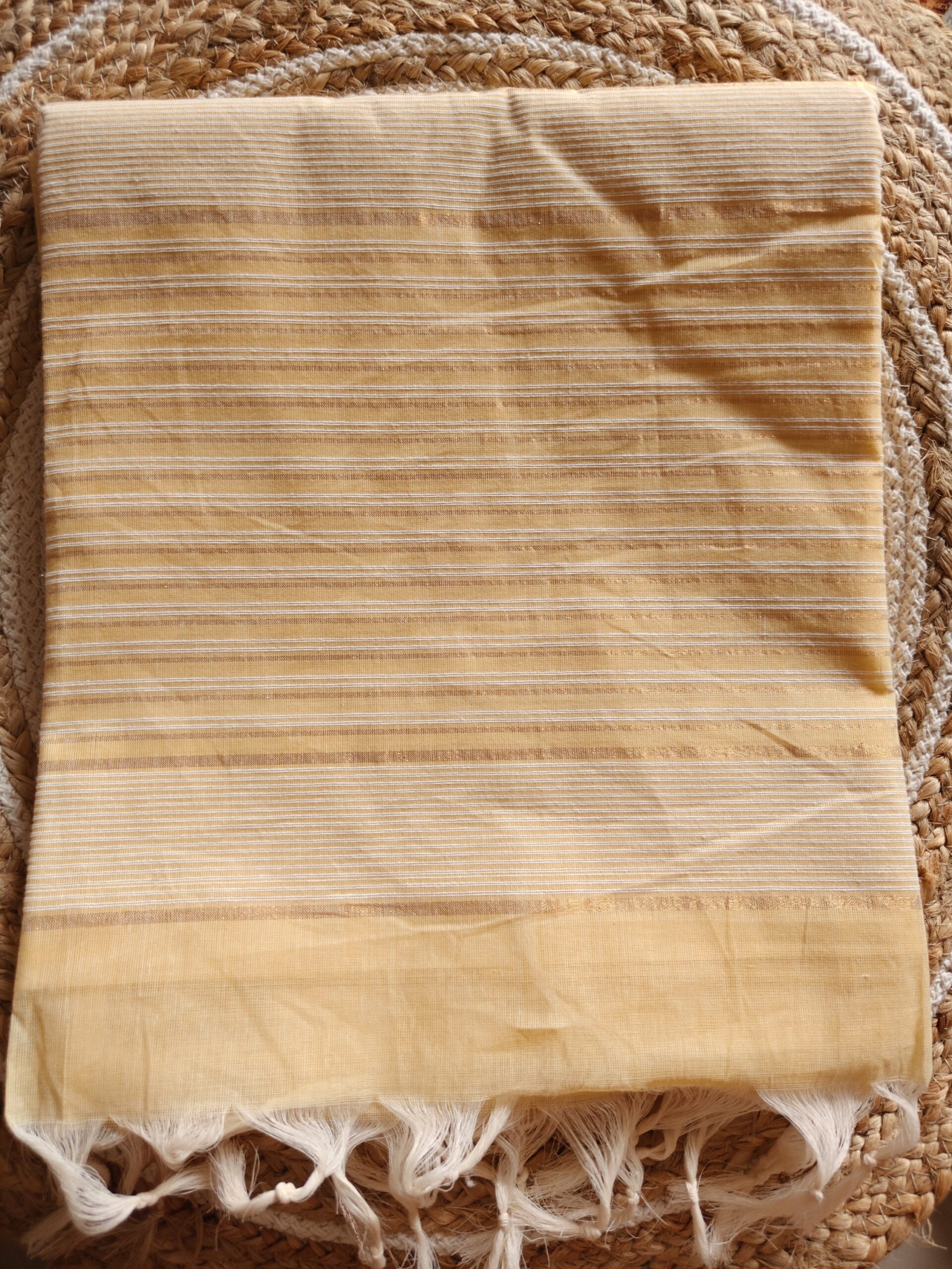 Pastel Sandal Golden Stripe Kerala Cotton Saree — Soft Traditional Elegance