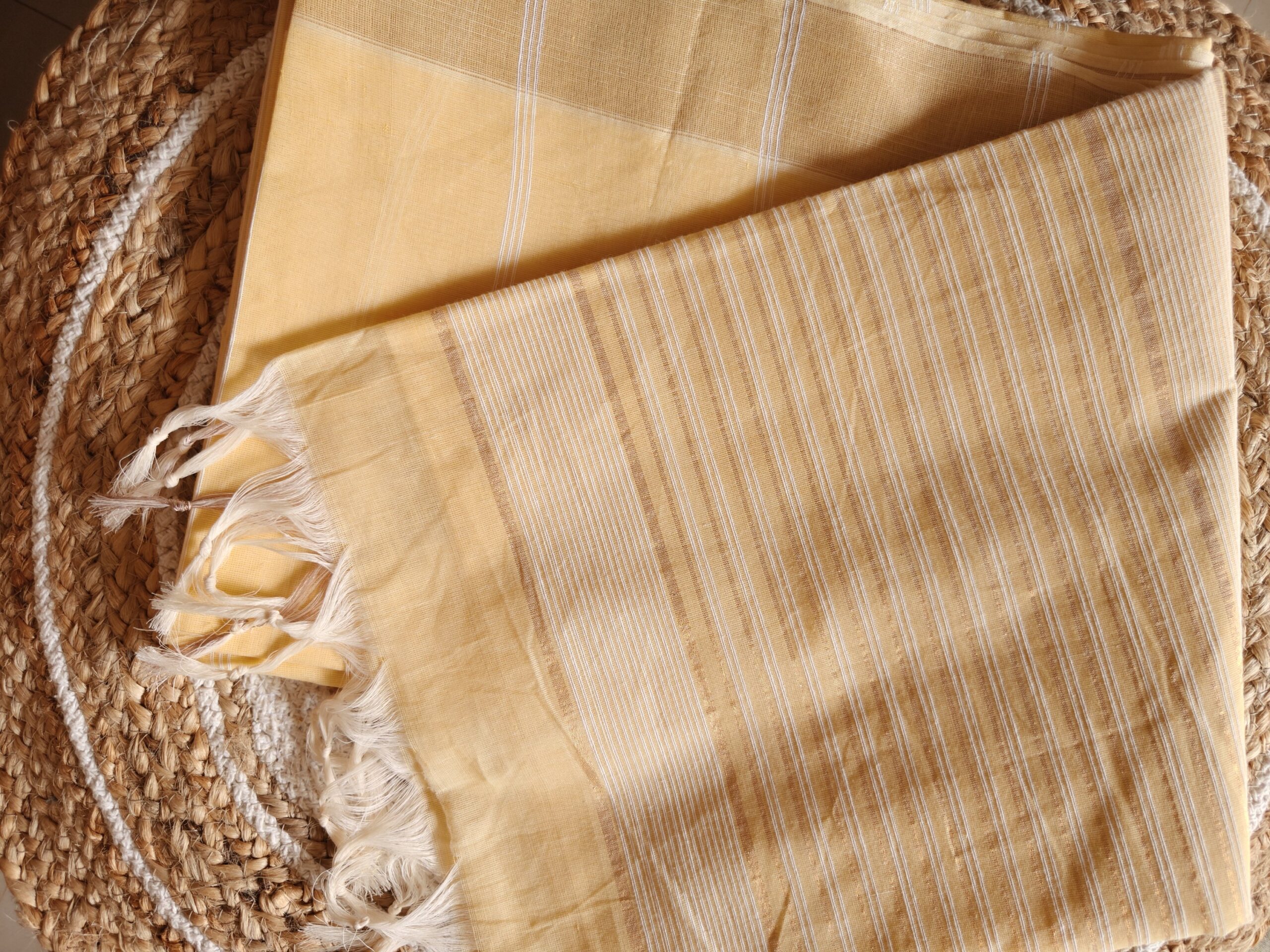 Pastel Sandal Golden Stripe Kerala Cotton Saree — Soft Traditional Elegance - Image 2