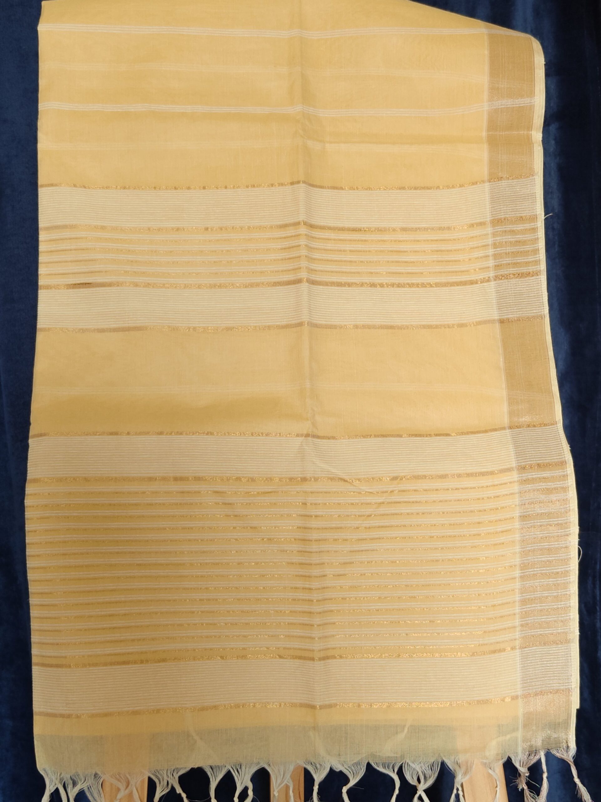 Pastel Sandal Golden Stripe Kerala Cotton Saree — Soft Traditional Elegance - Image 3