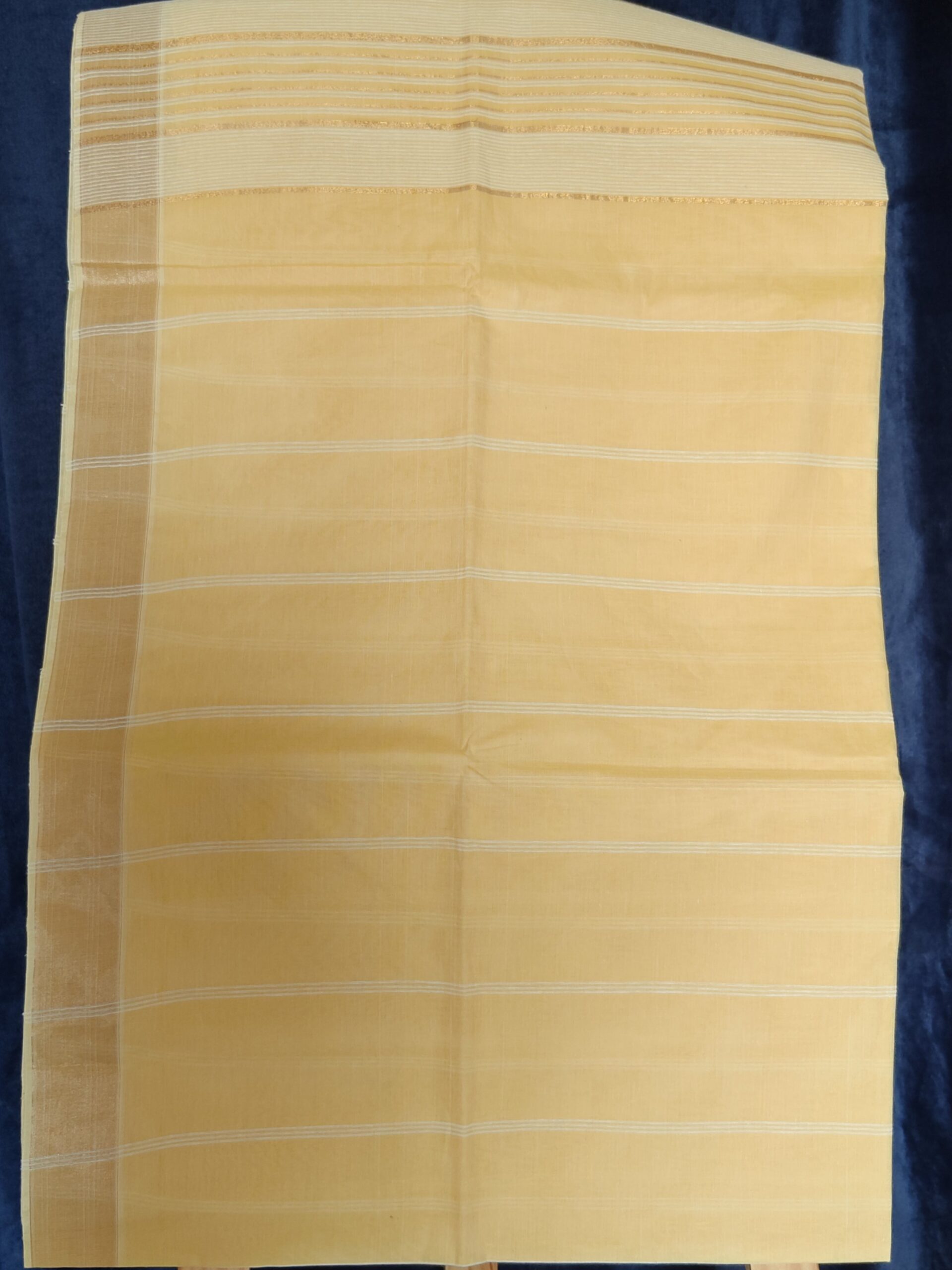 Pastel Sandal Golden Stripe Kerala Cotton Saree — Soft Traditional Elegance - Image 4